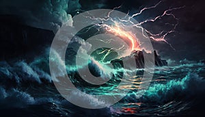 Bright lightning in a raging sea. A strong storm in the ocean. Big waves. Night thunderstorm. Generative ai