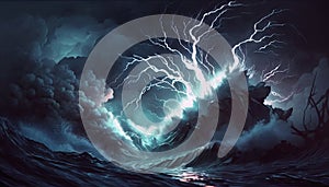 Bright lightning in a raging sea. A strong storm in the ocean. Big waves. Night thunderstorm. Generative ai