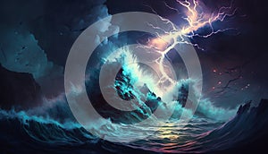 Bright lightning in a raging sea. A strong storm in the ocean. Big waves. Night thunderstorm. Generative ai