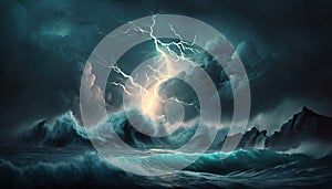Bright lightning in a raging sea. A strong storm in the ocean. Big waves. Night thunderstorm. Generative ai