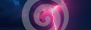 Bright lightning strike cuts through heavy dark clouds, intense light, bright light, dramatic, night