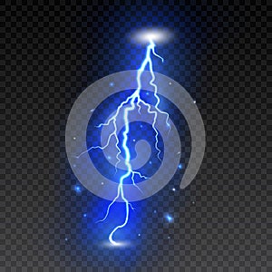 Bright lightning on transparent background. Electric flash. Thunder bolt and lightning. Vector illustration