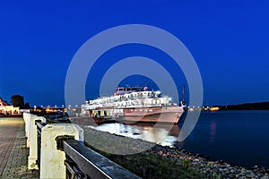 Russia, Kostroma, August 2020. Night view of the ship at the pier.