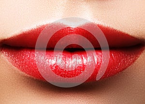 bright lips. Close-up Lips with juicy pink Make-up. Fashion magenta Makeup. Macro Beauty. Augmentation Treatment