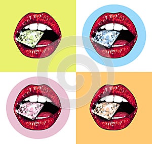 Bright lips holding a sparkling brilliant. Realistic graphic illustration. Blue