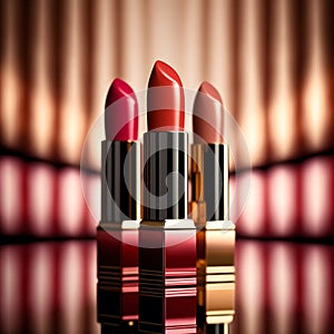 Bright lipstick of different colors shades of colored lipstick for lips. Professional makeup tool, blurred background