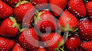 Bright-lit abstract background of ripe strawberries with water drops and leaves on table