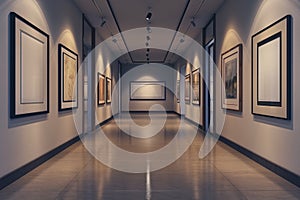 Bright lit empty hallways with picture frames on walls