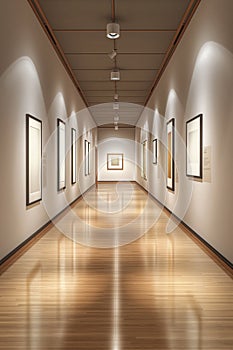 Bright lit empty hallways with picture frames on walls. Empty exhibition hallway.