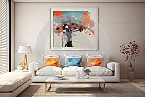 Bright living room with abstract painting on wall, sofa and table, white minimalist home or office interior. Modern design and