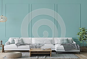 Bright living room design mockup, white sofa and wooden rattan furniture on classic blue wall