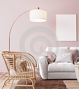 Bright living room design in pink colors, Frame mock up with rattan armchair and white sofa in home interior background