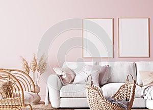 Bright living room design in pink colors, Frame mock up with rattan armchair and white sofa in home interior background