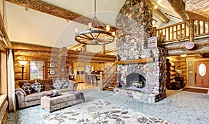 Bright Living room interior in American log cabin house.