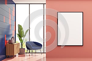 Bright living room interior with armchair and poster