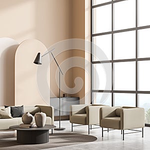 Bright living room interior with empty wall, sofa, two armchairs