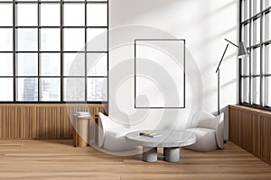 Bright living room interior with empty white poster, panoramic windows