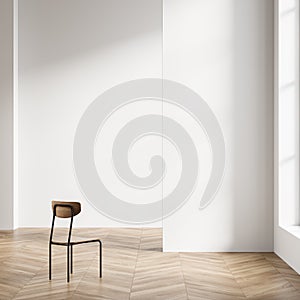 Bright living room interior with empty white wall, comfortable chair