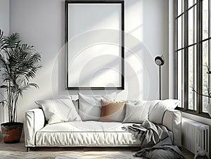 Bright living room interior with large windows, white sofa, and potted plants. There is a blank picture frame on the wall above