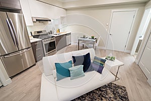 Bright living room with kitchen and dinner table