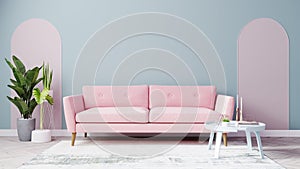 Bright living room mock up with pink sofa and light blue wall, pink arches on wooden floor, green plants, living room interior