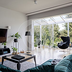 Bright living room with oriel window photo