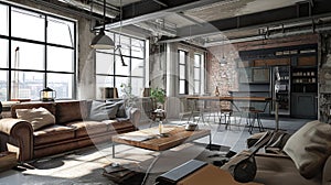 Bright loft interior with communal table, chairs and brick wall . Ai Generative