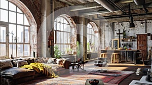 Bright loft interior with communal table, chairs and brick wall . Ai Generative