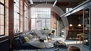 Bright loft interior with communal table, chairs and brick wall . Ai Generative