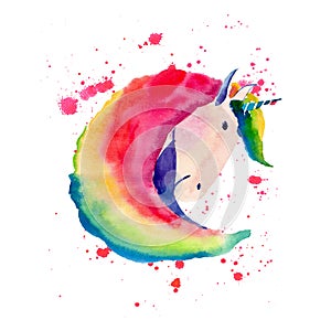 Bright lovely cute fairy magical colorful pattern of unicorn on red spray background watercolor hand illustration