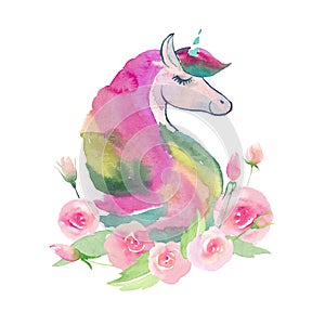 Bright lovely cute fairy magical colorful pattern of unicorns with spring pastel cute beautiful flowers watercolor