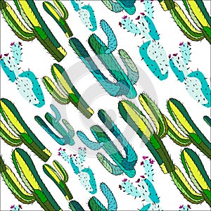 Bright lovely sophisticated mexican hawaii tropical floral herbal summer green diagonal pattern of a cactus paint like child vecto