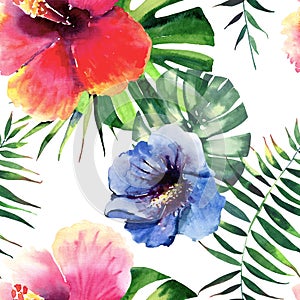 Bright lovely tropical hawaii floral herbal summer pattern of red, pink, blue, yellow tropical flowers hibiscus and green palms l