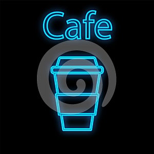 Bright luminous blue neon sign for cafe bar restaurant pub beautiful shiny with a mug of coffee on a black background. Vecto