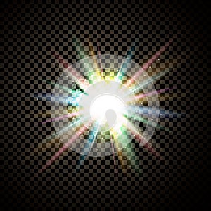 Bright luminous multicolored light effect isolated on a dark background with colored rays, highlights and stars.