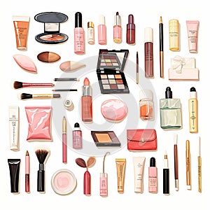 Bright Luster: A Watercolor Illustration Of Makeup Objects On White Background