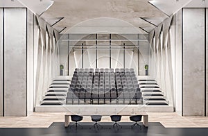 Bright luxury concrete lecture hall auditorium interior with seats and other objects. Speech, workshop and graduation concept. 3D
