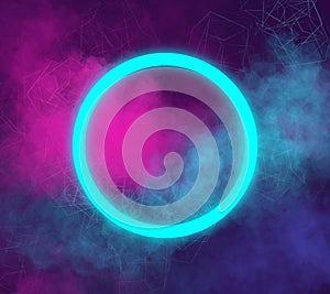Bright magenta background with a frame. smoke and neon sphere with copy space