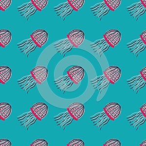 Bright maine seamless pattern with doodle jellyfishes print. Turquoise background. Pink colored plankton fishes