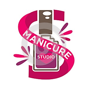 Bright manicure studio label with purple nailvarnish isolated on white