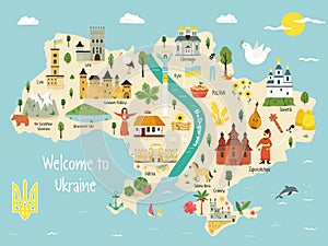 Bright map of Ukraine with landscape, symbols