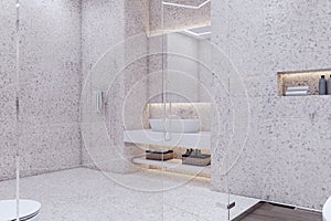 Bright marble bathroom interior. Hotel, luxury design concept.