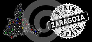 Bright Mesh 2D Zaragoza Province Map with Flash Spots and Grunge Seal