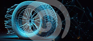 Bright mesh car wheel with lightspot effect. wire carcass polygonal mesh in format on a black background. Abstract mesh photo