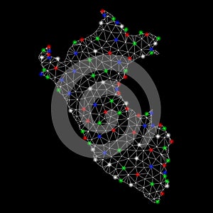 Bright Mesh Wire Frame Peru Map with Light Spots