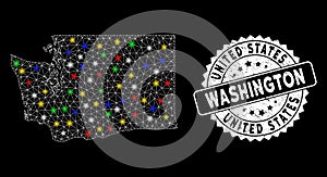 Bright Mesh Network Washington State Map with Light Spots and Grungy Stamp Seal