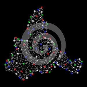 Bright Mesh Wire Frame Zaragoza Province Map with Flare Spots