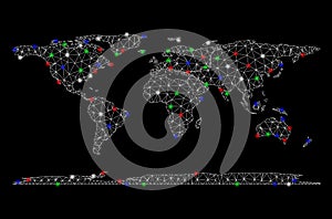 Bright Mesh Wire Frame World Continent Map with Light Spots