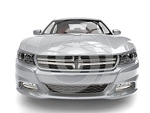 Bright metallic silver modern fast car - front view closeup shot