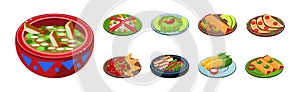Bright Mexican Food and Dish Served on Plate Vector Set